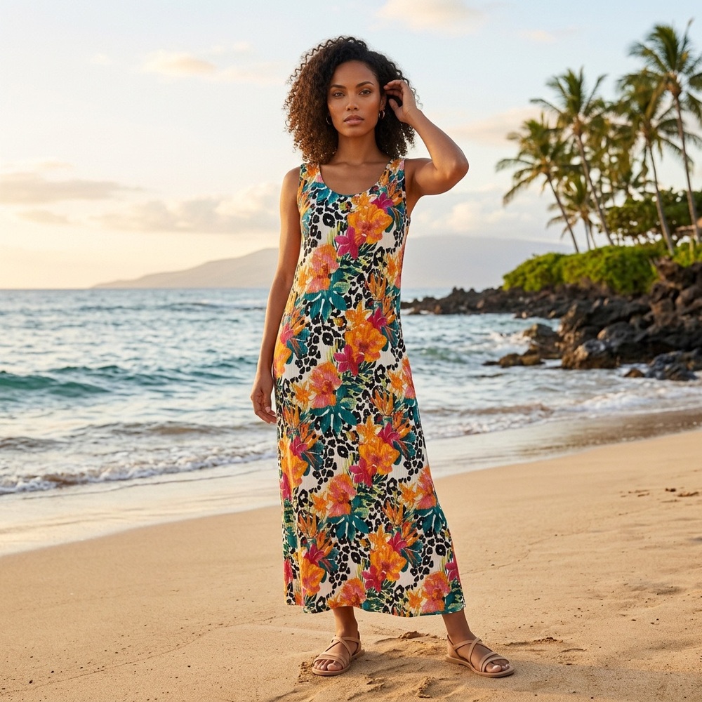 Lily Maxi Dress Size L Tropical Floral & Animal Print